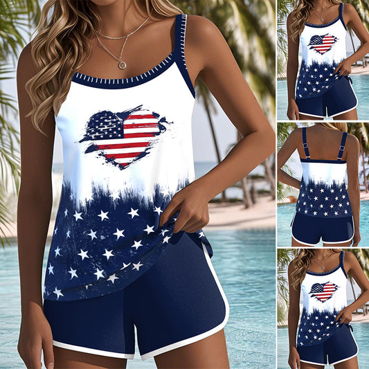 Women's grey floral print tankini swimsuit with square neckline and matching solid grey swim shorts with white trim.