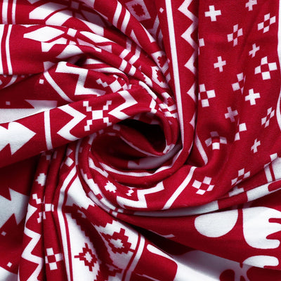 Red and white Christmas pajama set with long-sleeve top and pants, featuring a Fair Isle reindeer and tree print. - Image 8