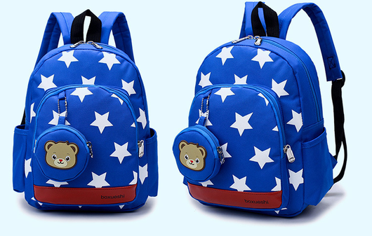 Blue kids' backpack with white stars, front pocket, side pockets, and a detachable bear coin purse. - Image 6