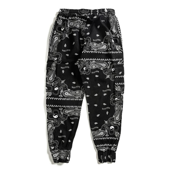 Pantalones Casuales Negros con Estampado de Flor de Anacardo y Bolsillos