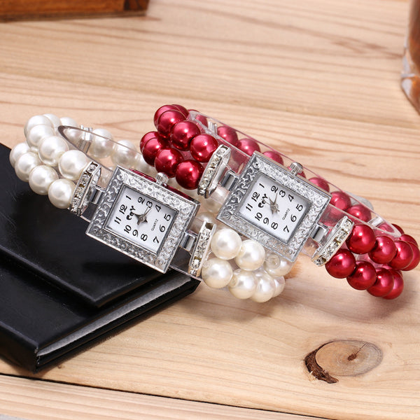 Reloj Rectangular para Mujer con Pulsera de Perlas de Vidrio Artificial