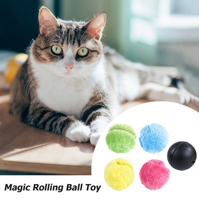 Four colorful plush electric rolling pet toy balls in pink, yellow, green, and blue, with a kitten playing with one. - Image 14