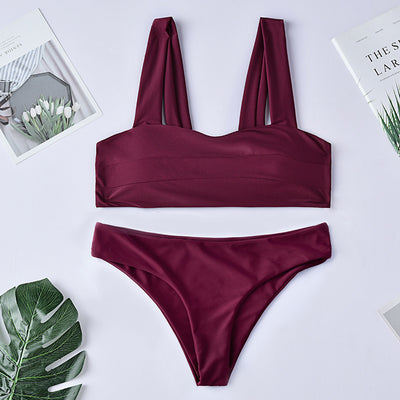 Dark green two-piece swimsuit with a bandeau top featuring horizontal ruching and high-cut bikini bottoms. - Image 10