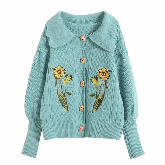 Cardigan Tejido con Mangas Globo Bordadas para Mujer