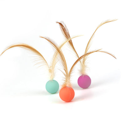 Set of three pet toys: a basketball, baseball, and soccer ball, each with light brown feathers for cats and small dogs. - Image 11
