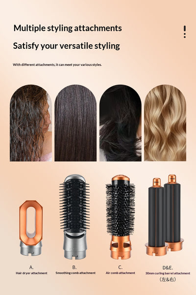 5-in-1 multifunctional hair styler with dark gray handle and rose gold accents, including hot air comb, curling wands, and paddle brush attachments, plus a blac - Image 9