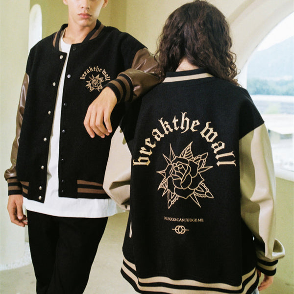 Chaqueta Suelta Unisex con Patchwork y Bordado de Rosas