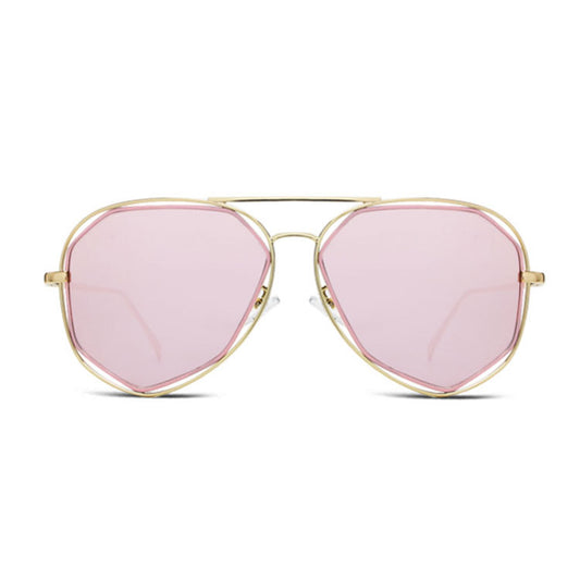 Black aviator-style sunglasses with dark gray polarized lenses and a unique double-rim frame on a white background. - Image 2