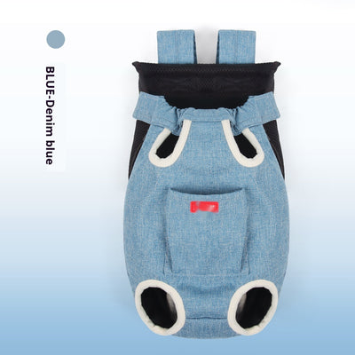 Denim blue pet carrier backpack with open head and leg holes, featuring breathable mesh and a front pocket. - Image 6