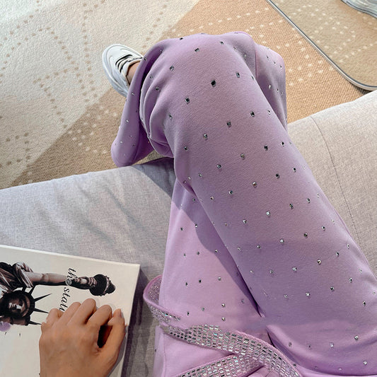 Pantalones Palazzo Morado con Diamantes, Cintura Alta y Talle Ancho