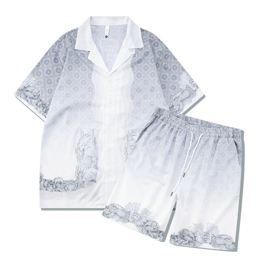 Playera Retro Estilo Casual con Estampa Estatua de Piedra Blanca y Plateada