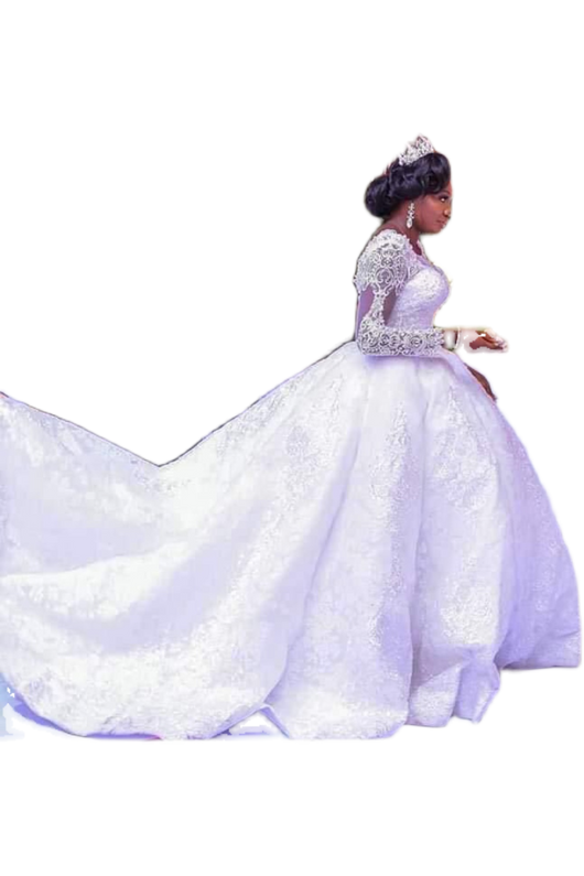 Vestido de Novia Africano de Encaje con Mangas Largas y Cola Voluminosa - Image 4
