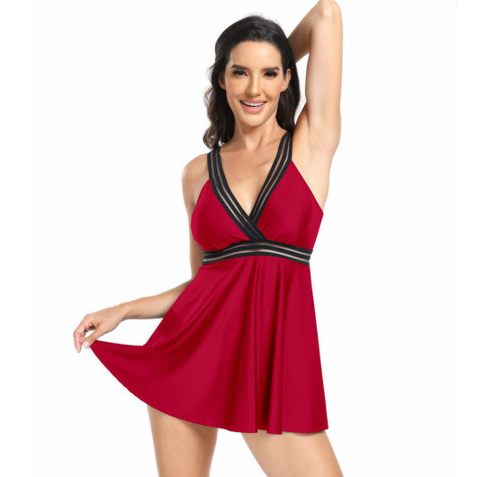 Royal blue V-neck swimsuit dress with gold and black patterned trim on neckline and empire waist. - Image 23