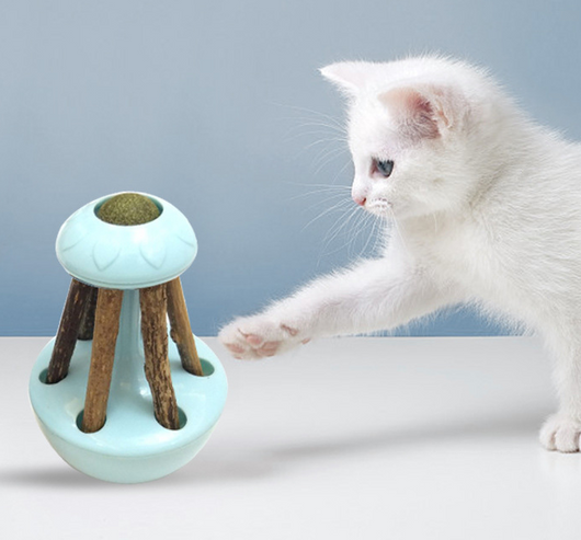 Pink tumbler cat toy with a green catnip ball on top and several natural wooden sticks for chewing.
