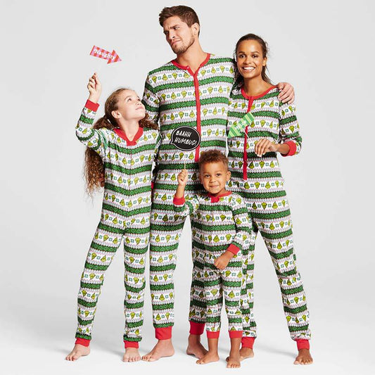 Family of four wearing matching green, white, and red striped Christmas long-sleeve pajama jumpsuits. - Image 2