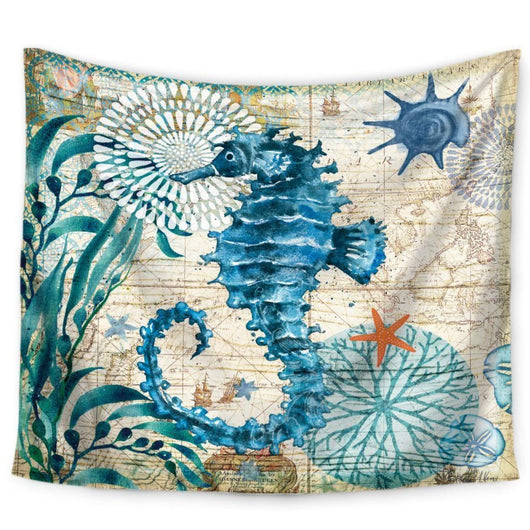 Blue seahorse and sea life tapestry with a vintage map background, featuring coral, starfish, and seaweed.