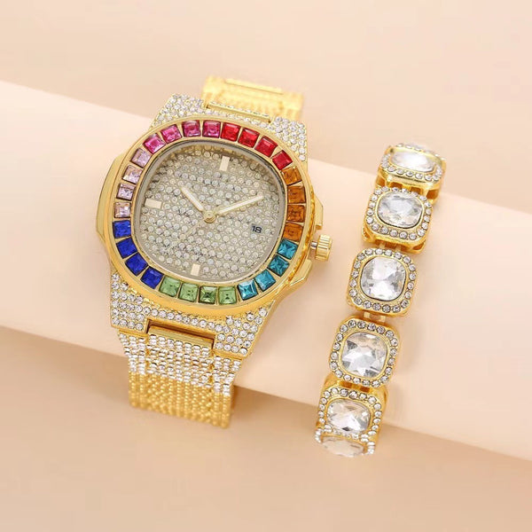 Reloj de Pulsera Cuadrado de Acero con Diamantes Incrustados y Calendario