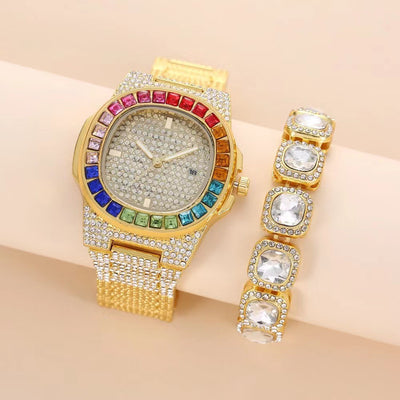 Reloj de Pulsera Cuadrado de Acero con Diamantes Incrustados y Calendario