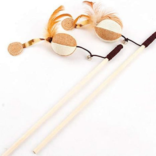 Wooden cat wand toy with a brown string, a small silver bell, a cream fabric mouse, and light brown feathers. - Image 2