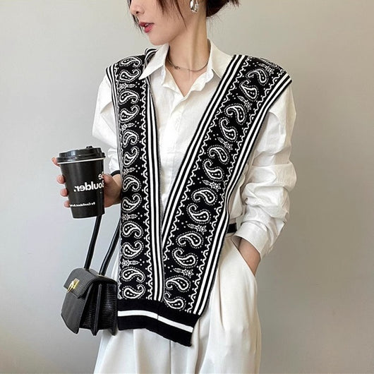 Blusa Tejida Coreana Primavera-Otoño con Cuello Falso y Detalles Paisley en Hombros - Image 9