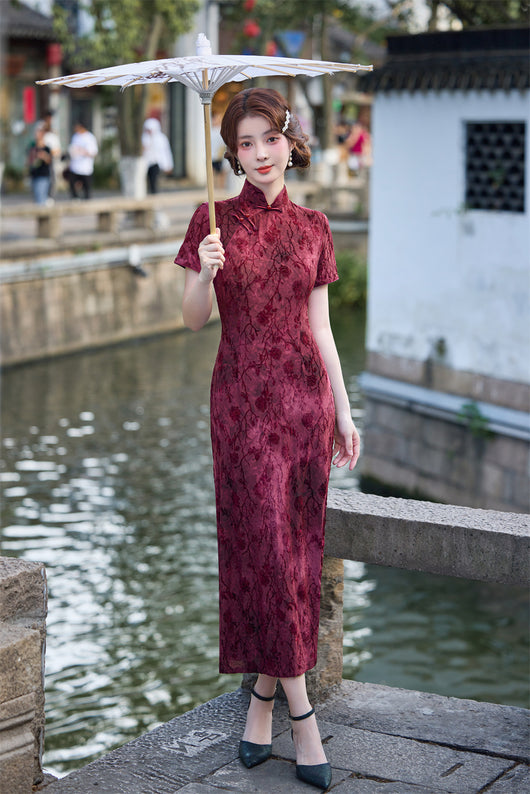 Vestido Cheongsam Retro Rojo con Flores Terciopeladas - Manga Corta Midi Clásico - Image 12