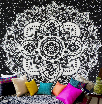 Black and white mandala tapestry with intricate geometric patterns hanging above a bed in a bedroom. - Image 8