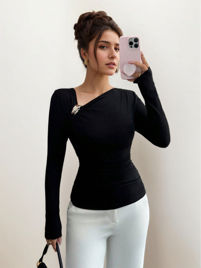 Blusa Base Plisada Cuello Oblicuo Mujer Esbeltecedora Primavera Otoño - Image 9
