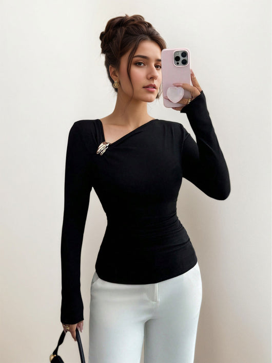 Blusa Base Plisada Cuello Oblicuo Mujer Esbeltecedora Primavera Otoño - Image 9
