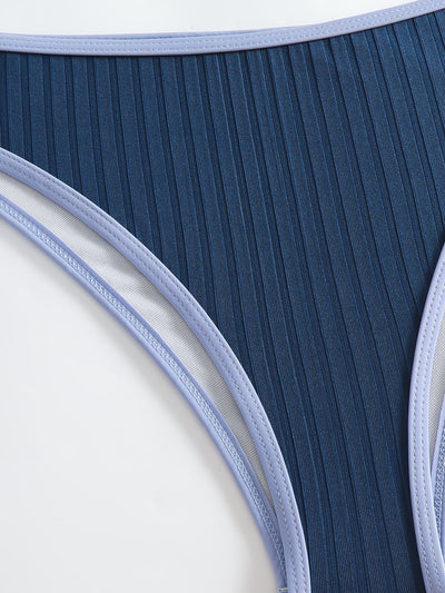 Women's dark blue ribbed two-piece swimsuit with light blue trim, triangle top, and high-cut bikini bottom. - Image 22