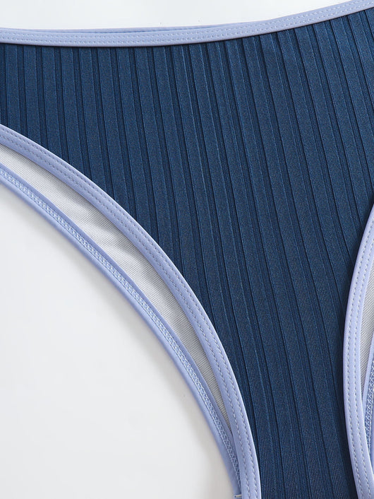 Women's dark blue ribbed two-piece swimsuit with light blue trim, triangle top, and high-cut bikini bottom. - Image 22