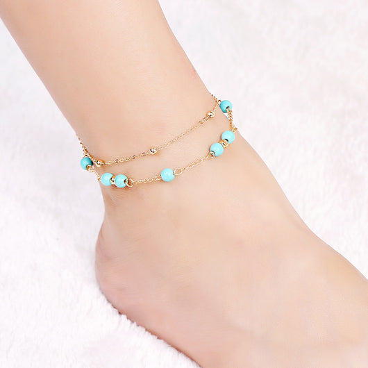 Pulsera Tobillera Doble Capa Turquesa Estilo Europeo - Image 10