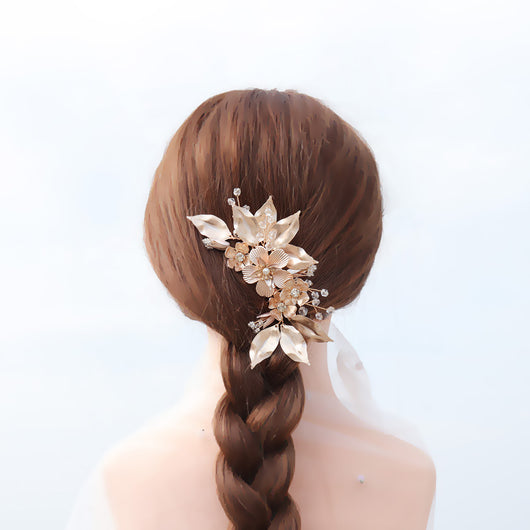 Peine Nupcial Premium con Flores Doradas Artesanal