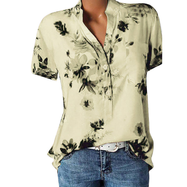 Blusa Estampada de Flores con Cuello en V y Manga Corta