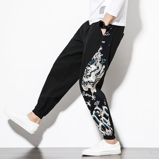 Pantalones de Lino y Algodón con Bordado de Dragón Chino - Image 2