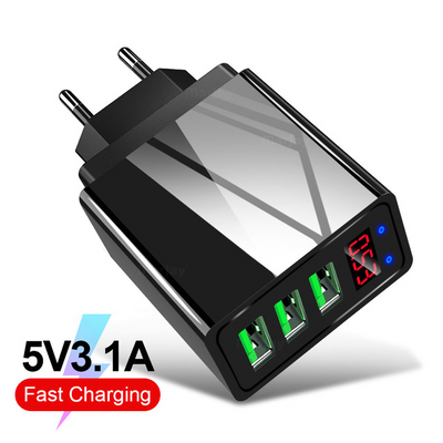 Cargador USB Triple Puerto con Pantalla LED 3A