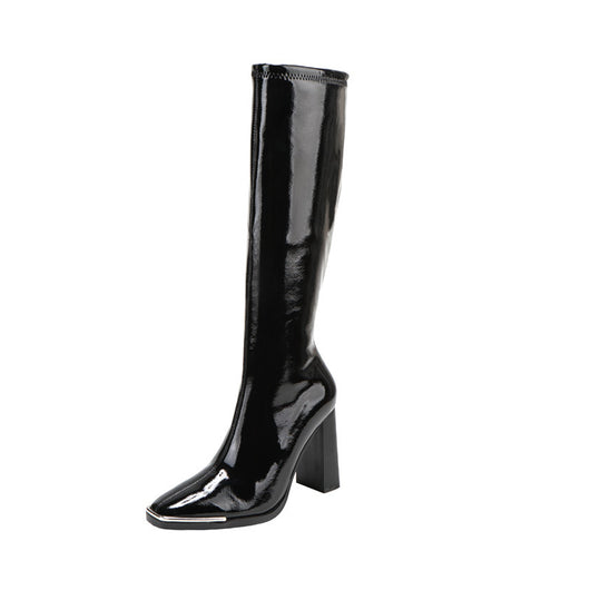 Botas Altas Knight de Cuero Charol con Tacón y Punta Cuadrada - Image 5
