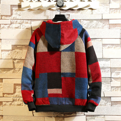 Abrigo Lana Hombre Cuadros Bloques Color con Capucha Estilo Harajuku - Image 8