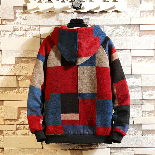 Abrigo Lana Hombre Cuadros Bloques Color con Capucha Estilo Harajuku - Image 8