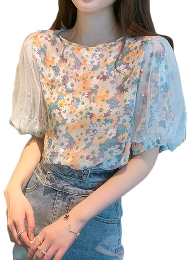 Blusa Holgada de Malla con Perlas y Mangas Puff - Image 10