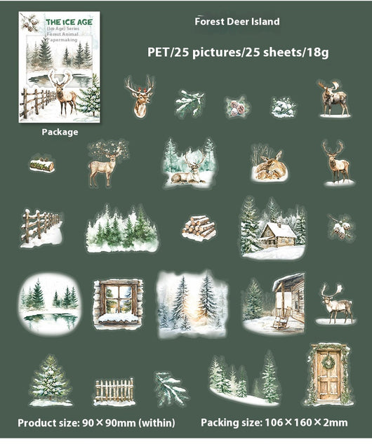 A set of 25 PET stickers featuring winter landscapes, ice castles, deer, wolves, and an ice queen in a snowy fantasy theme. - Image 28