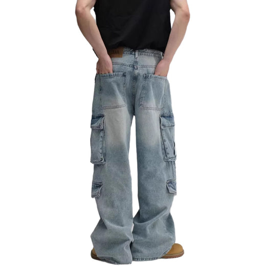 Pantalones Vaqueros de Trabajo Multibolsillos Lavados - Corte Ancho Casual para Hombre - Image 5