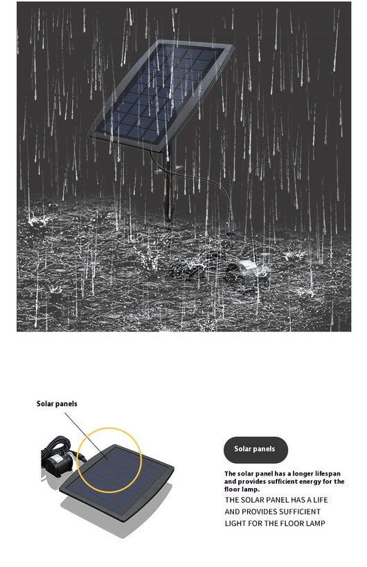 5W solar fountain kit with black solar panel on a ground stake, water pump, coiled hose, and various nozzles. - Image 25