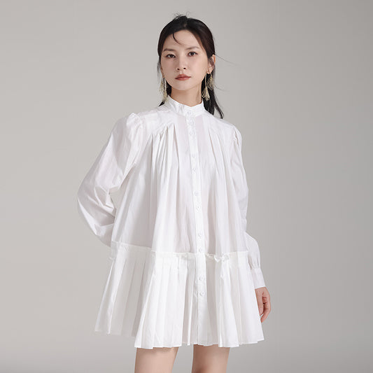Vestido Camisero Plisado Manga Larga Diseño Exclusivo