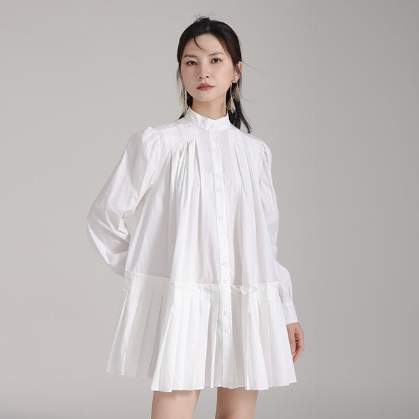 Vestido Camisero Plisado Manga Larga Diseño Exclusivo