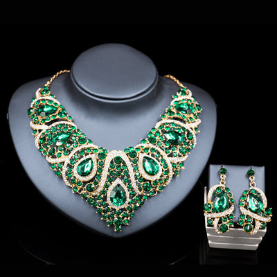 Exaggerated blue rhinestone and pearl bridal necklace and earring set with silver-tone alloy plating. - Image 9