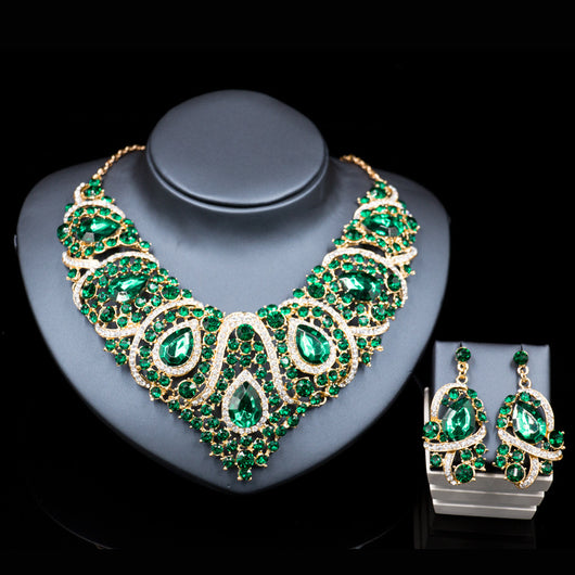 Exaggerated blue rhinestone and pearl bridal necklace and earring set with silver-tone alloy plating. - Image 9