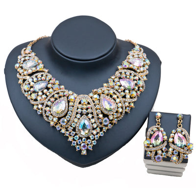 Exaggerated blue rhinestone and pearl bridal necklace and earring set with silver-tone alloy plating. - Image 2