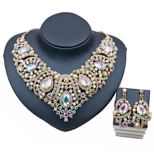 Exaggerated blue rhinestone and pearl bridal necklace and earring set with silver-tone alloy plating. - Image 2