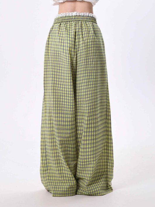 Pantalones Mujer Cuadros con Costuras de Encaje Cintura Alta Pierna Ancha - Image 5