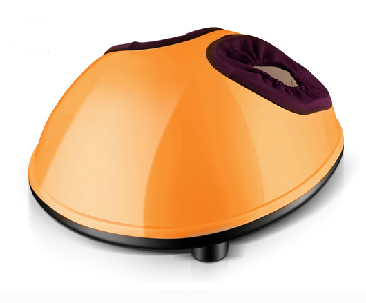 Orange and purple electric foot warmer with a soft interior and a removable dark gray heating insole.